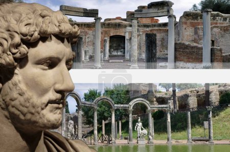 Demi-buste de l'empereur romain Hadrien dans le contexte de son célèbre site archéologique Villa Hadrien de l'UNESCO à Tivoli - Rome - Latium - Italie