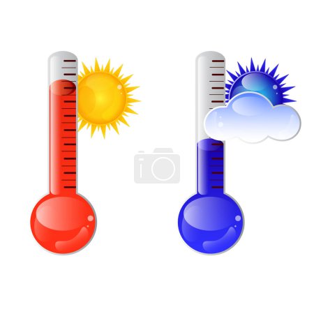 Weather thermometers heat and cold set. Red and blue scale. Measurement of air temperature.Glow vector design.