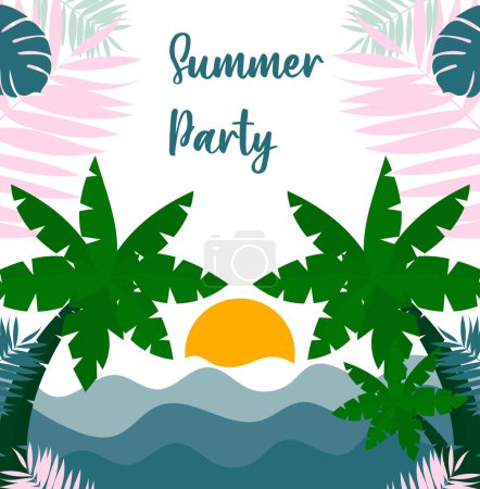 Summer concept design. Creative background of landscape, tropical leaves, sunset and palm trees. Summer sea poster.