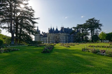Amazing view of the castle of Chaumont-sur-Loire in France - Facade of the castle with a look on the towers and the garden of the domain