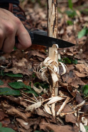 Un gros plan montre une main tranchant des copeaux d'une branche avec un couteau de survie pour créer de l'amadou, en utilisant la technique de survie du bâton de plume pour allumer le feu