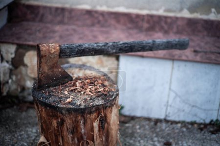 Un hacha de madera antigua y oxidada está incrustada en un tronco de árbol, dando testimonio de trabajo pasado en el bosque. El paso del tiempo ha dejado su huella en el metal, creando una pátina de historia y nostalgia en esta escena rústica y evocadora
