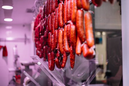 close-up of freshly made red sausages and chorizo hanging from the ceiling of a butcher shop. The variety of fresh products reflects the craftsmanship and quality offered by the establishment to its customers