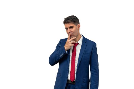businessman as he gazes seductively at the camera, finger pressed to his lips in a gesture of intrigue. With a confident expression, he exudes charm and professionalism white background