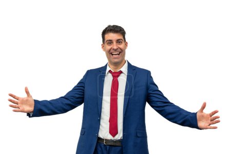 warmth of a businessman as he opens his arms, expressing happiness and delight, eager to give a friendly hug of happiness and friendship. With a professional demeanor, he radiates corporate charm white background
