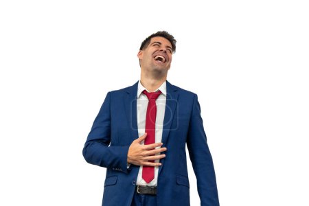 joyous laughter of a businessman as he stands in a suit, hand on his chest, laughing heartily. With a delighted white background expression, he exudes happiness and confidence