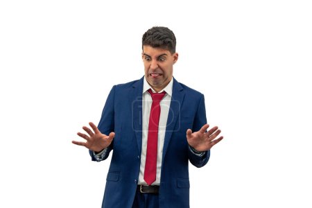 businessman extends his hands in a clear gesture of repugnance and rejection. With a look of distaste and aversion, he embodies corporate displeasure and disdain, expressing clear revulsion white background
