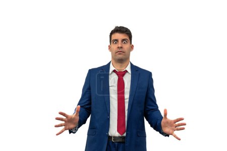 cautious expression of a businessman as he extends his palms forward, displaying a stance of rejection and apprehension towards what lies ahead. With wary demeanor, he embodies caution and resistance white background