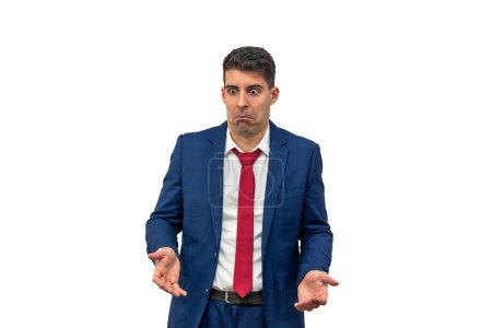 perplexity of a businessman as he raises his palms upwards, displaying a look of confusion and bewilderment towards what he is observing. With a puzzled expression, embodies curiosity and uncertainty white background