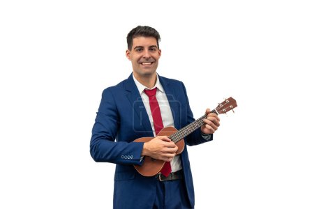 businessman smiles while playing the ukulele. Embracing music as a form of leisure and relaxation, he embodies corporate creativity and enjoyment white background