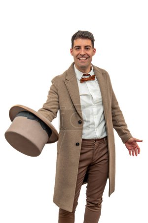 vertical early 20th century vintage gentleman, donning a bowler hat and trench coat, gracefully salutes towards the camera with a courteous bow, delicately holding his hat in hand white background