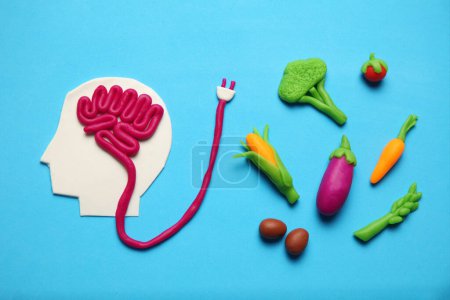 Plasticine figure of man and vegetarian food. Food for mind, charge of energy. Healthy lifestyle, detoxification and antioxidants. Poster 626615632