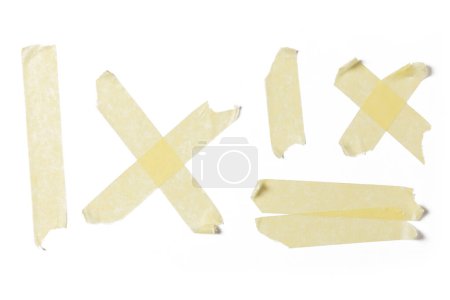 Yellow sticky tape collection, duct strips isolated on white background.