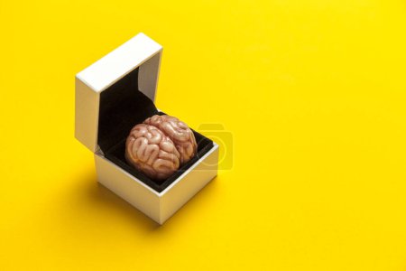 Téléchargez les photos : Smart human brain in box is isolated on yellow background as gift to dumb person. Mental development, self-improvement or problems. - en image libre de droit