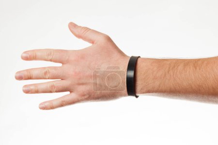 Photo for Security black rubber bracelet mockup. Paper branding wristband. - Royalty Free Image