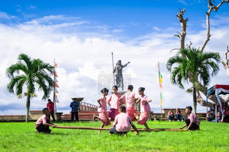 Photo for Maluku, Indonesia - May 2, 2023: Traditional dance of Maluku, Indonesia. Gaba-gaba dance - Royalty Free Image