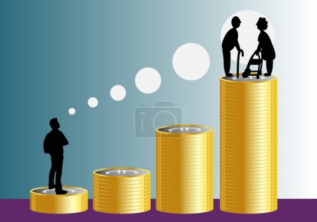 Illustration for Young active worker thinking about when he is retired pensioner. Worker thinking about the amount of retirement pensions - Royalty Free Image