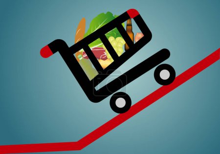 Illustration for Shopping cart full of food raising the cost of inflation. Inflation - Royalty Free Image