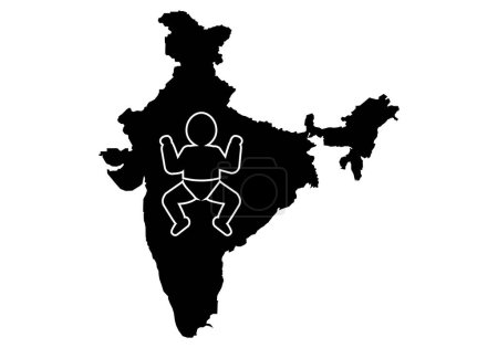 Illustration for Births in India. Baby silhouette on black silhouette of India map. Demography - Royalty Free Image