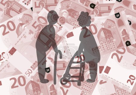 Illustration for Pensions, pensioners and retirees. The retirement. Silhouette of a male and female pensioner on a background of 20 and 50 euro bills in a salmon tone - Royalty Free Image