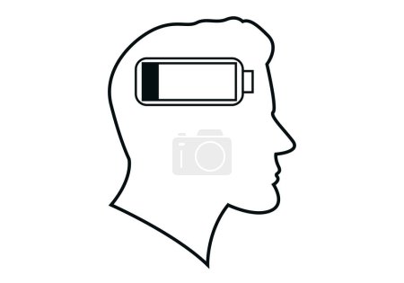 Illustration for Black icon of face with low battery representing mental fatigue. - Royalty Free Image