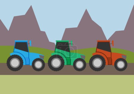 Téléchargez les illustrations : Tracteurs conduisant sur la route dans un paysage. - en licence libre de droit