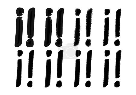 Sheet of exclamation icons made with black strokes of different types of brushes.