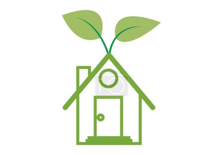 Icône de maison verte avec pousse de feuille.