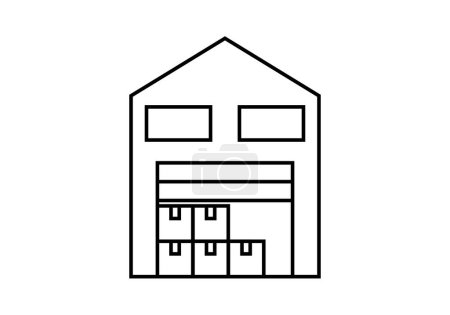 Black warehouse icon with boxes on white background.