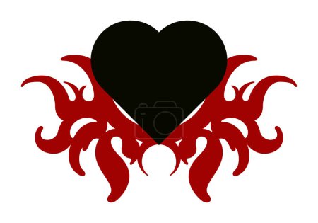 Black heart with red flames on white background.