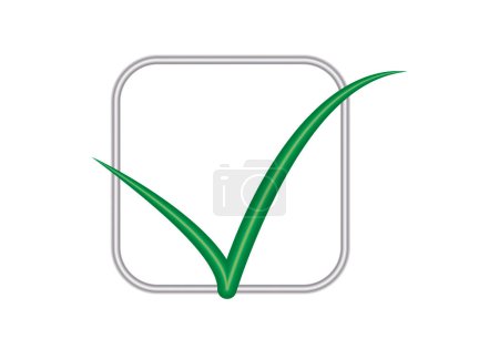 Metallic square icon with green affirmation tick.