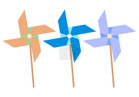 Three blue, orange and purple toy pinwheels for children.