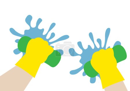 Illustration for Hands holding a cloth or scouring pad to clean a surface. - Royalty Free Image