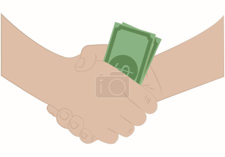 Handshake holding a wad of bills representing corruption and business.