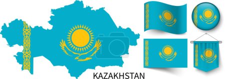 Téléchargez les illustrations : Les différents motifs des drapeaux nationaux du Kazakhstan et la carte des frontières du Kazakhstan - en licence libre de droit