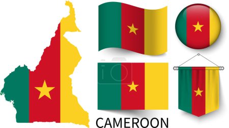 Ilustración de Los diversos patrones de las banderas nacionales de Camerún y el mapa de las fronteras de Camerún - Imagen libre de derechos