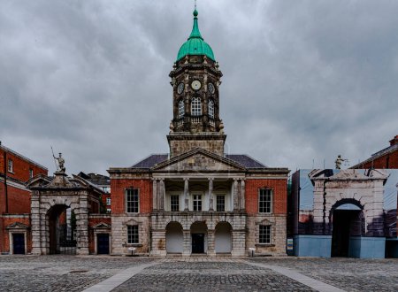 A wide angle photo of a very old church exterior in Dublin City, Ireland