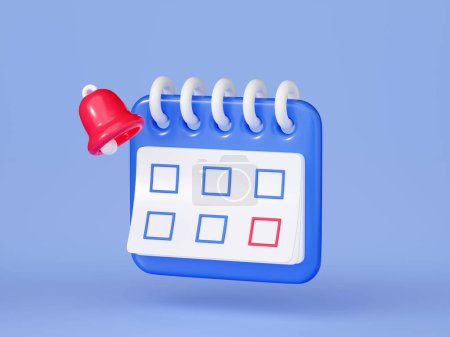 Téléchargez les photos : Reminder in calendar 3d render - cute purple calendar with empty check points on white paper and yellow bell. Cartoon illustration of notification symbol for business planning or event remind. - en image libre de droit