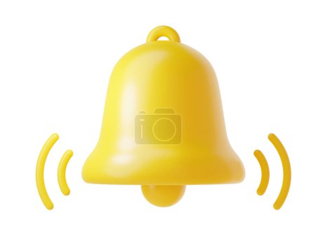 Icono de campana de notificación 3d render - ilustración de dibujos animados lindo de campana amarilla simple para recordatorio o concepto de aviso. Símbolo para atraer la atención o indicar nueva información y mensaje.