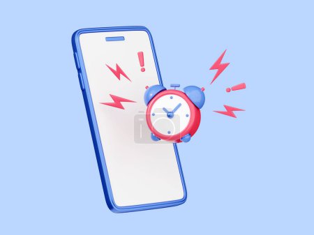 Photo for Clock alarm on mobile phone 3d render - jumping and ringing red and blue watch with lightning around for deadline or awake concept. Flying timepiece that counts down time to beginning or end of event. - Royalty Free Image