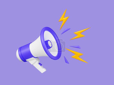 Photo for Loudspeaker with lightning 3d render - purple and white megaphone banner with flash for announcement or advertising message. Cartoon loud speaker or bullhorn for caution information and promotion. - Royalty Free Image