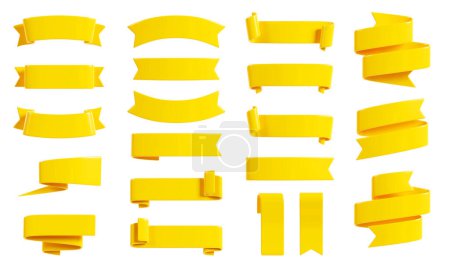 Foto de Ribbon banner 3d render set - collection of yellow glossy text box in form of curled and rolled tape for sale or discount promotion sign. Title frame design element for advertising or congratulation. - Imagen libre de derechos