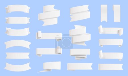 Foto de Ribbon banner 3d render set - collection of white glossy text box in form of curled and rolled tape for sale or discount promotion sign. Title frame design element for advertising or congratulation. - Imagen libre de derechos
