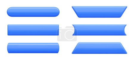 Rectangular long button with rounded and sharp borders 3d render illustration - different lengths blue glossy rectangle icon and label. Blank square and oval tag or badge for banner and web template.