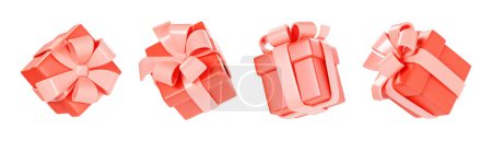 Téléchargez les photos : Coffret cadeau rouge avec ruban rose et archet 3d rend collection d'illustration - paquets cadeaux tombant. Paquets flottants de surprize pour félicitations ou concept de bonus. Salutation et récompense élément de décoration. - en image libre de droit