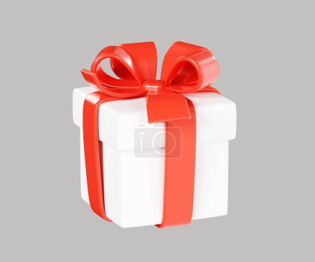 Téléchargez les photos : Coffret cadeau fermé blanc avec ruban rouge et illustration de rendu 3D arc - paquet cadeau pour féliciter ou concept bonus. Pack surprise - Noël ou gagnant saluant et récompensant élément design. - en image libre de droit