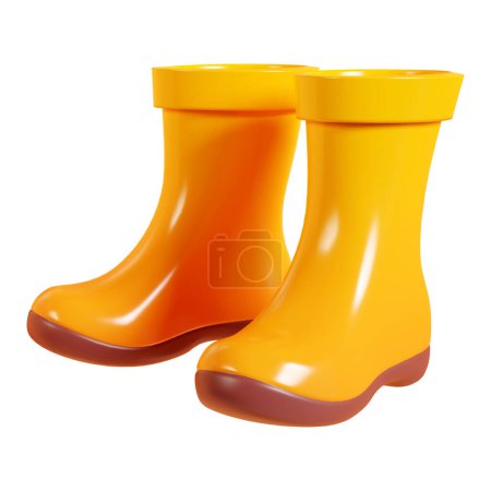 Photo for Rain rubber boots 3d render illustration. Cartoon icon of pair of yellow gumboot for rainy weather or farm and garden works. Protective wellies or galosh for autumn design. - Royalty Free Image