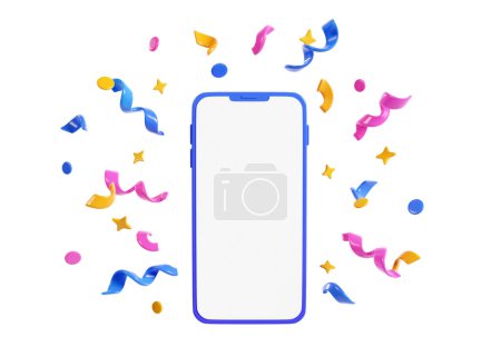 Photo for Mobile phone with confetti 3d render illustration. Front view of smartphone with white blank screen and color ribbons, stars and streamers flying in air for surprise, congratulation or winner concept. - Royalty Free Image