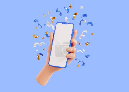Photo for Human hand holding mobile phone with confetti 3d render. Smartphone mockup with white blank screen and color gold and purple ribbons, stars and streamers flying in air for surprise or winner concept. - Royalty Free Image