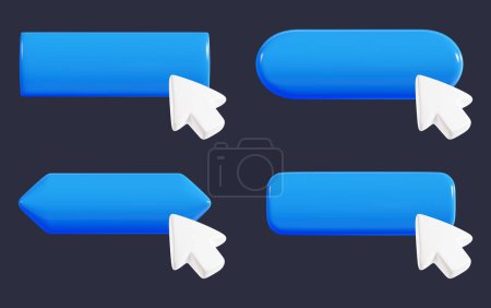 Photo for Mouse cursor pointer click on blue button 3d render illustration set. Rectangle long pushbutton with rounded and beveled corners and empty space for text with white select and press arrow. - Royalty Free Image